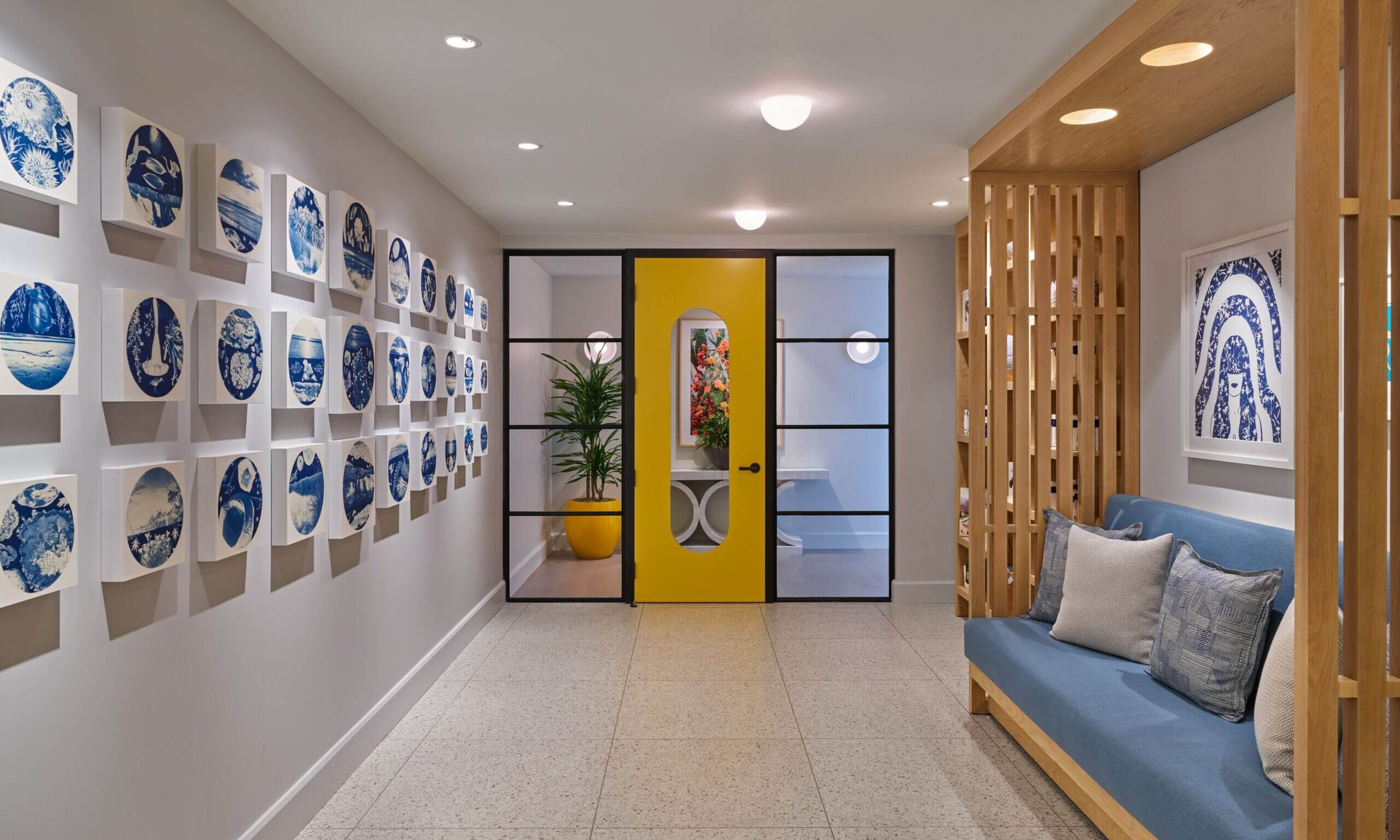 The beautiful entrance, with touches of blue and yellow details