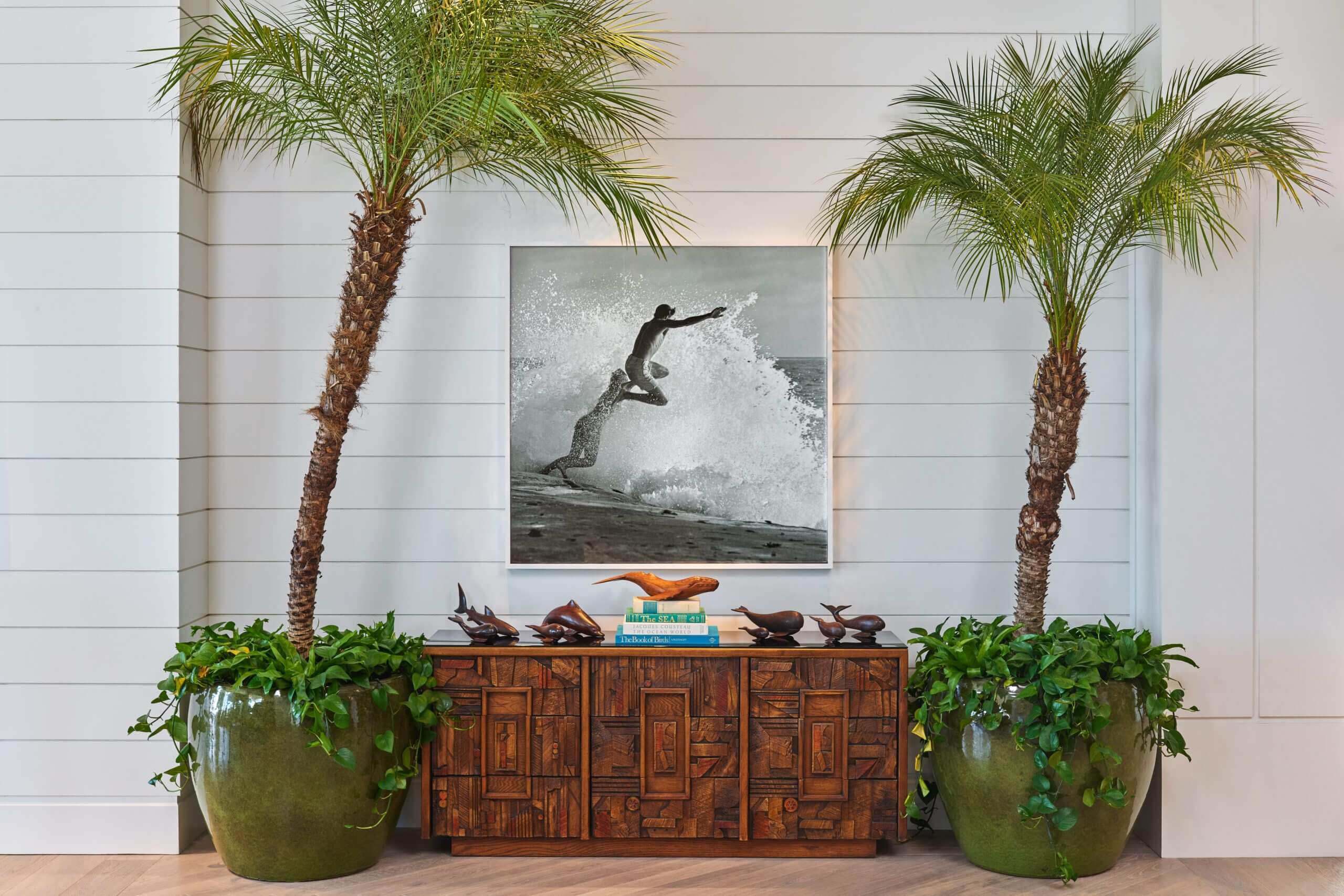 Palm trees with wood furniture