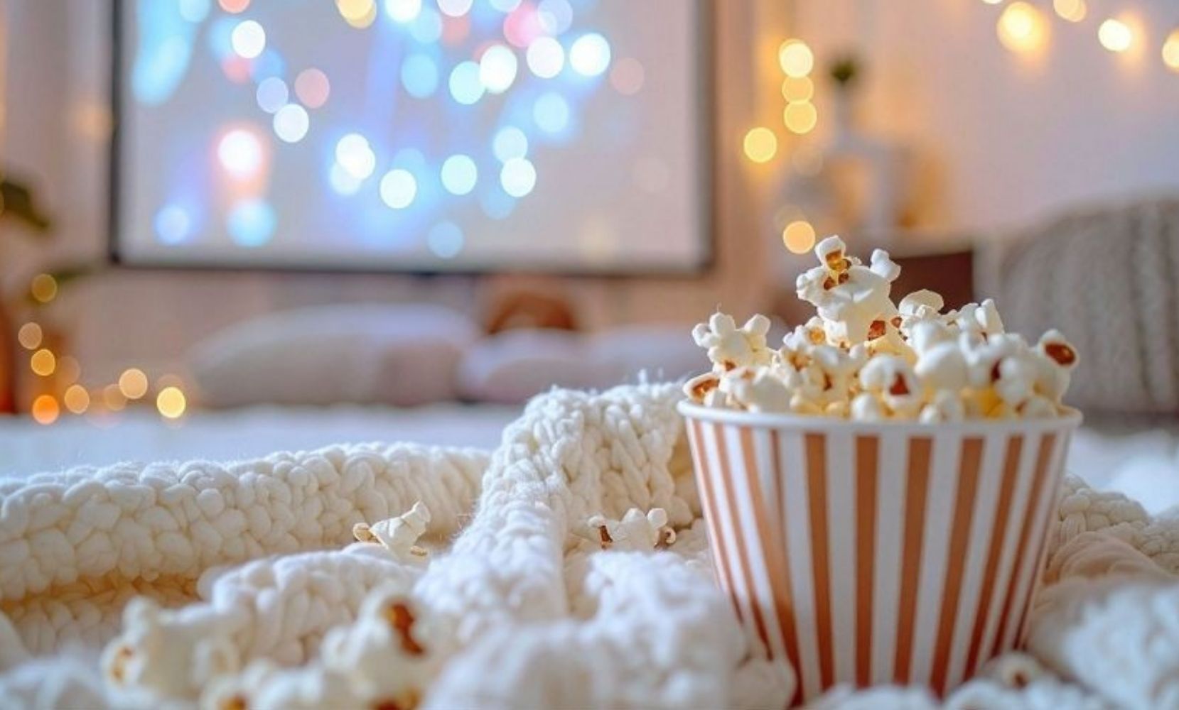 Photo of a popcorn bucket in front of a festive screen