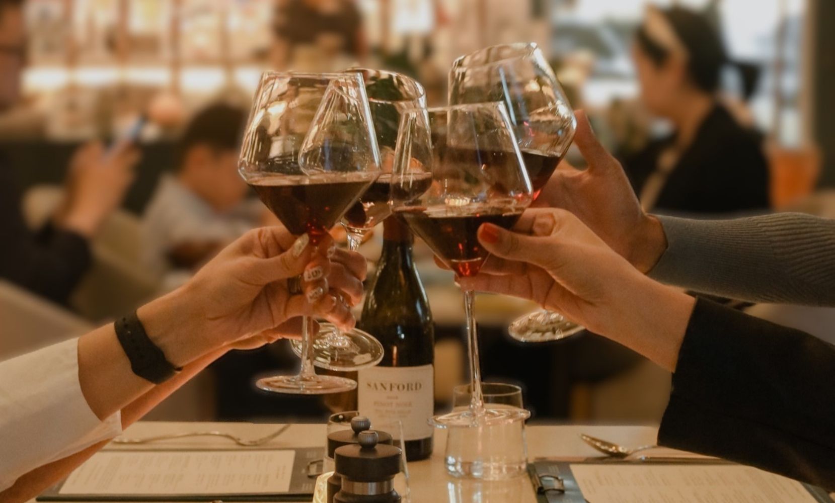 Photo of a group cheersing wine glasses in Piper