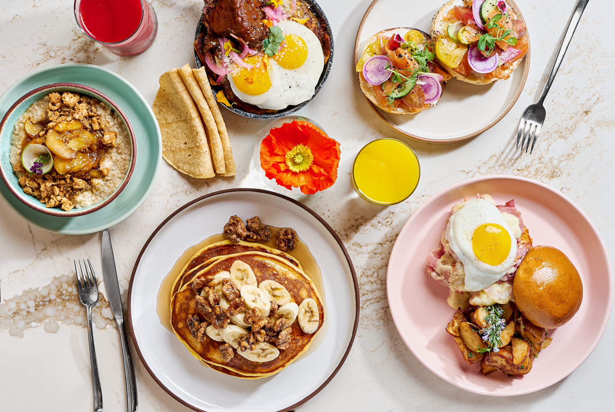 Variety of brunch food on plates