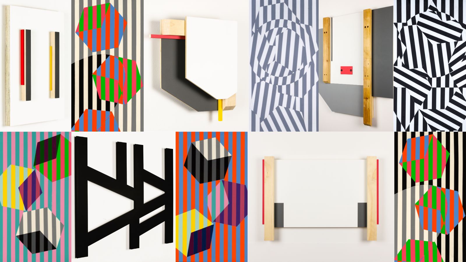 Collage of abstract geometric artwork featuring bold black-and-white stripes, colorful polygon shapes, and minimalist mixed-media compositions arranged in a modern grid layout.